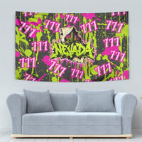Nevada Battle Born The Silver State 777 Tapestry Vibrant Lime Pink Splatter Punk Rock Bull Skull Art