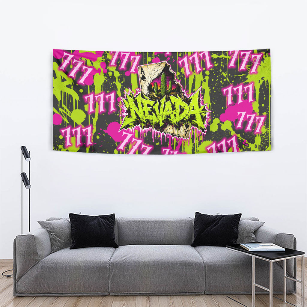 Nevada Battle Born The Silver State 777 Tapestry Vibrant Lime Pink Splatter Punk Rock Bull Skull Art