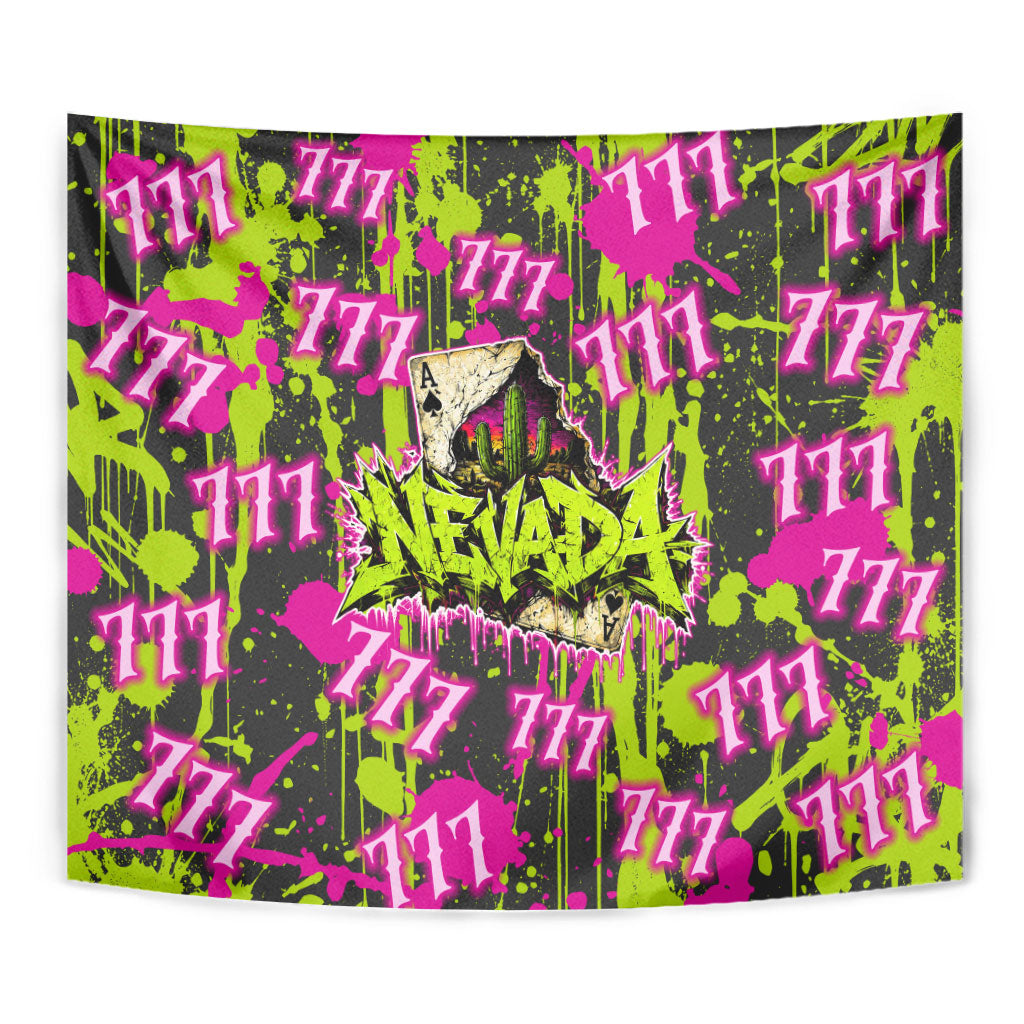 Nevada Battle Born The Silver State 777 Tapestry Vibrant Lime Pink Splatter Punk Rock Bull Skull Art