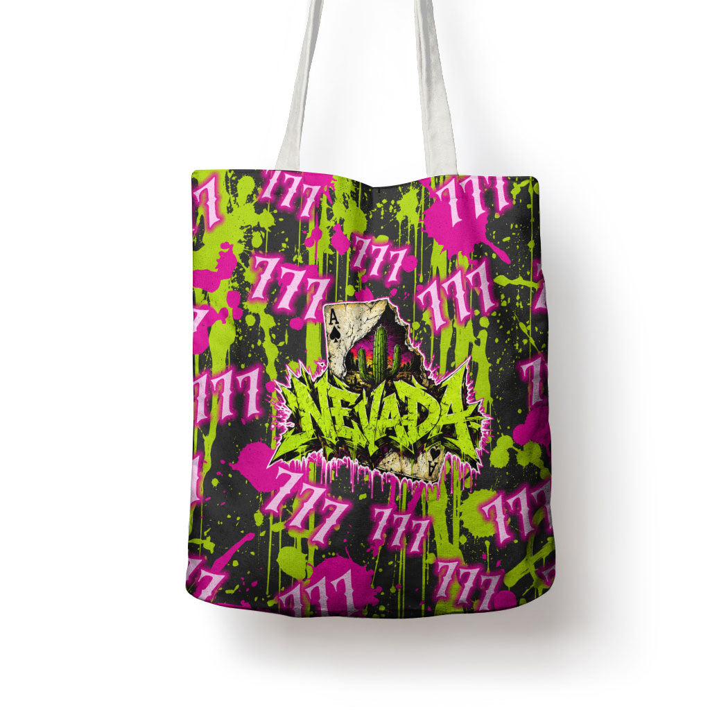 Nevada Battle Born The Silver State 777 Tote Bag Vibrant Lime Pink Splatter Punk Rock Bull Skull Art