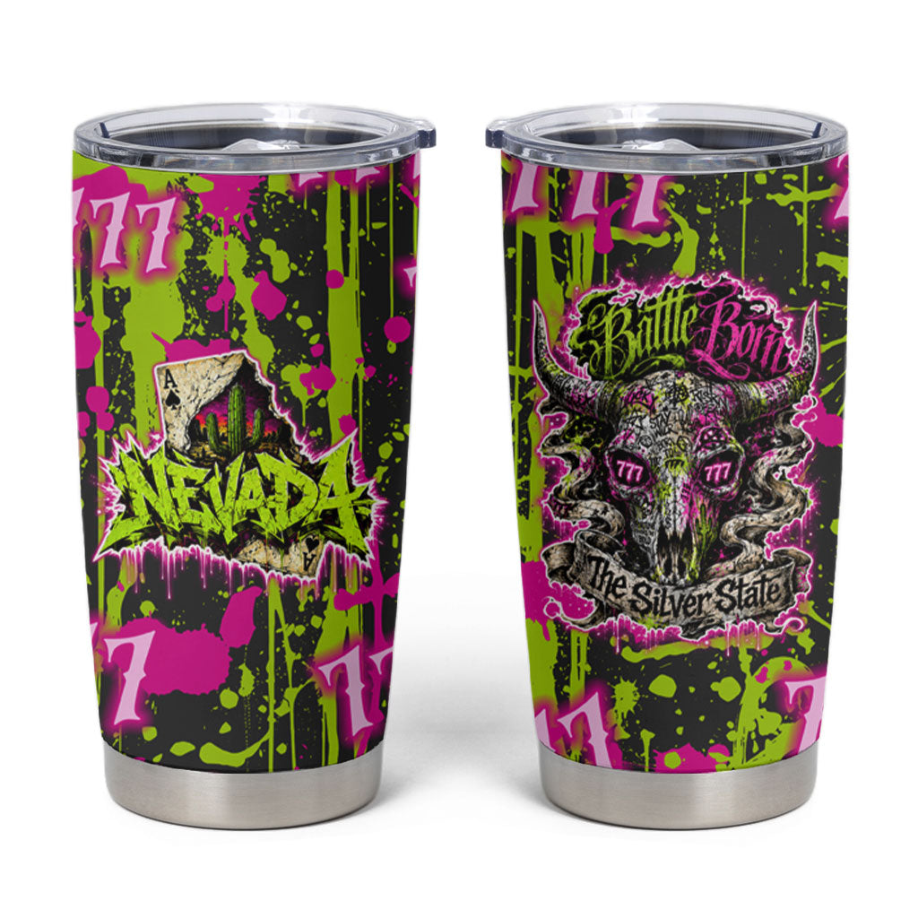 Nevada Battle Born The Silver State 777 Tumbler Cup Vibrant Lime Pink Splatter Punk Rock Bull Skull Art
