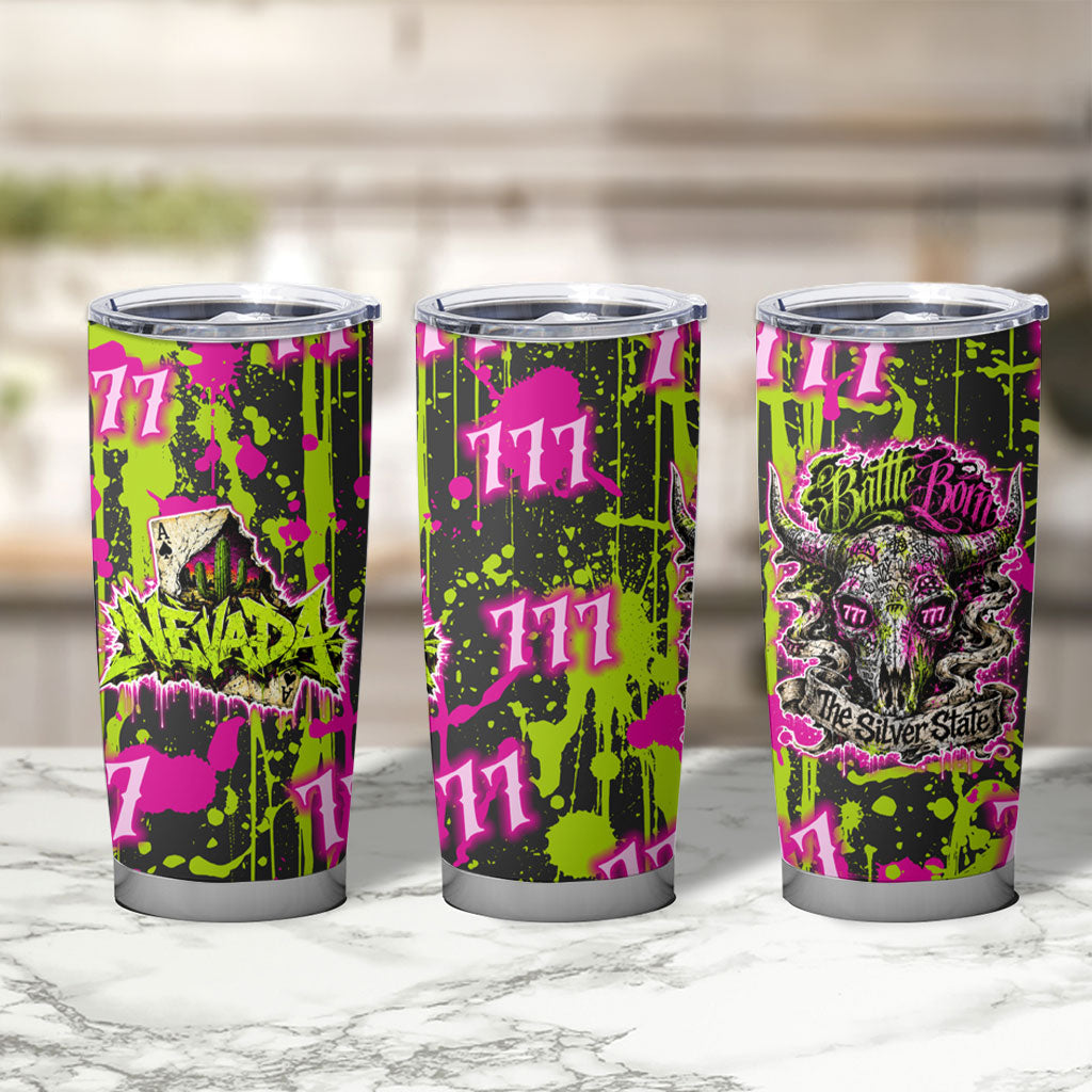Nevada Battle Born The Silver State 777 Tumbler Cup Vibrant Lime Pink Splatter Punk Rock Bull Skull Art