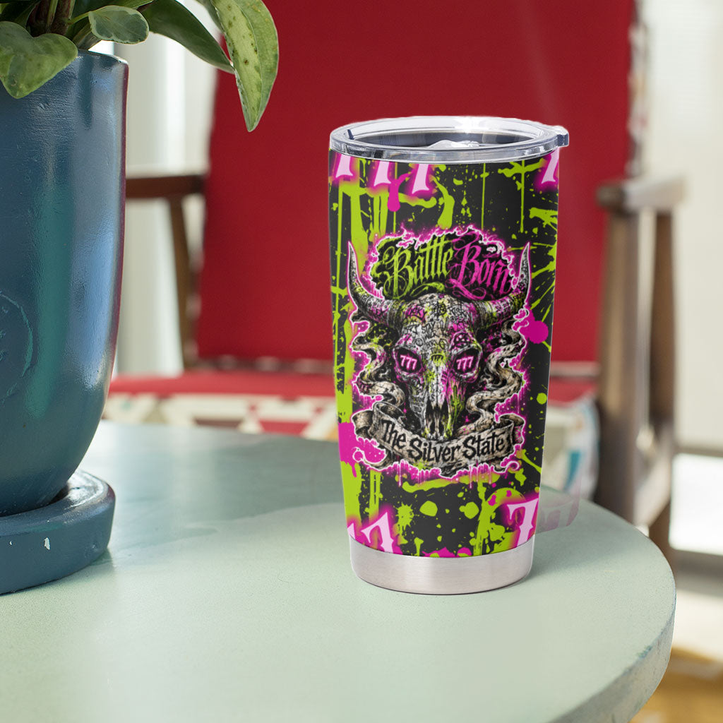 Nevada Battle Born The Silver State 777 Tumbler Cup Vibrant Lime Pink Splatter Punk Rock Bull Skull Art