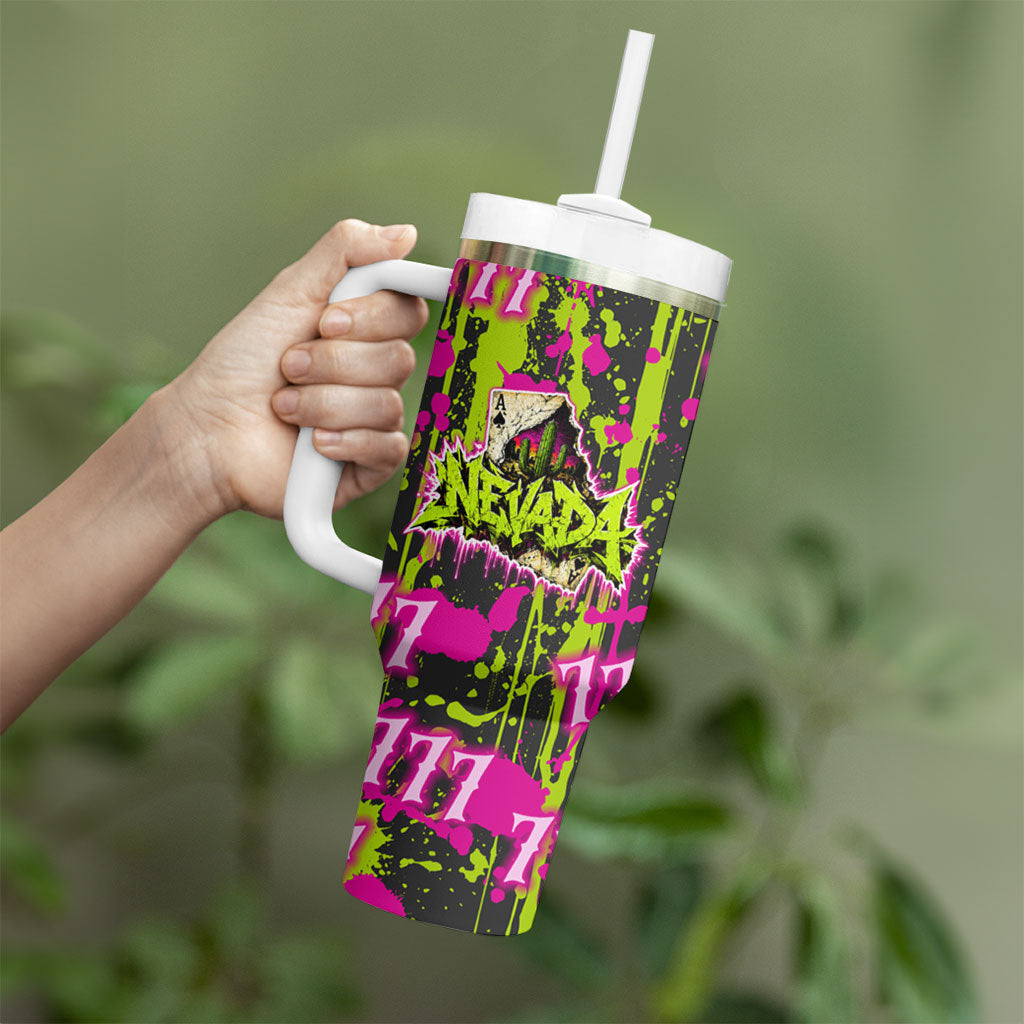 Nevada Battle Born The Silver State 777 Tumbler With Handle Vibrant Lime Pink Splatter Punk Rock Bull Skull Art