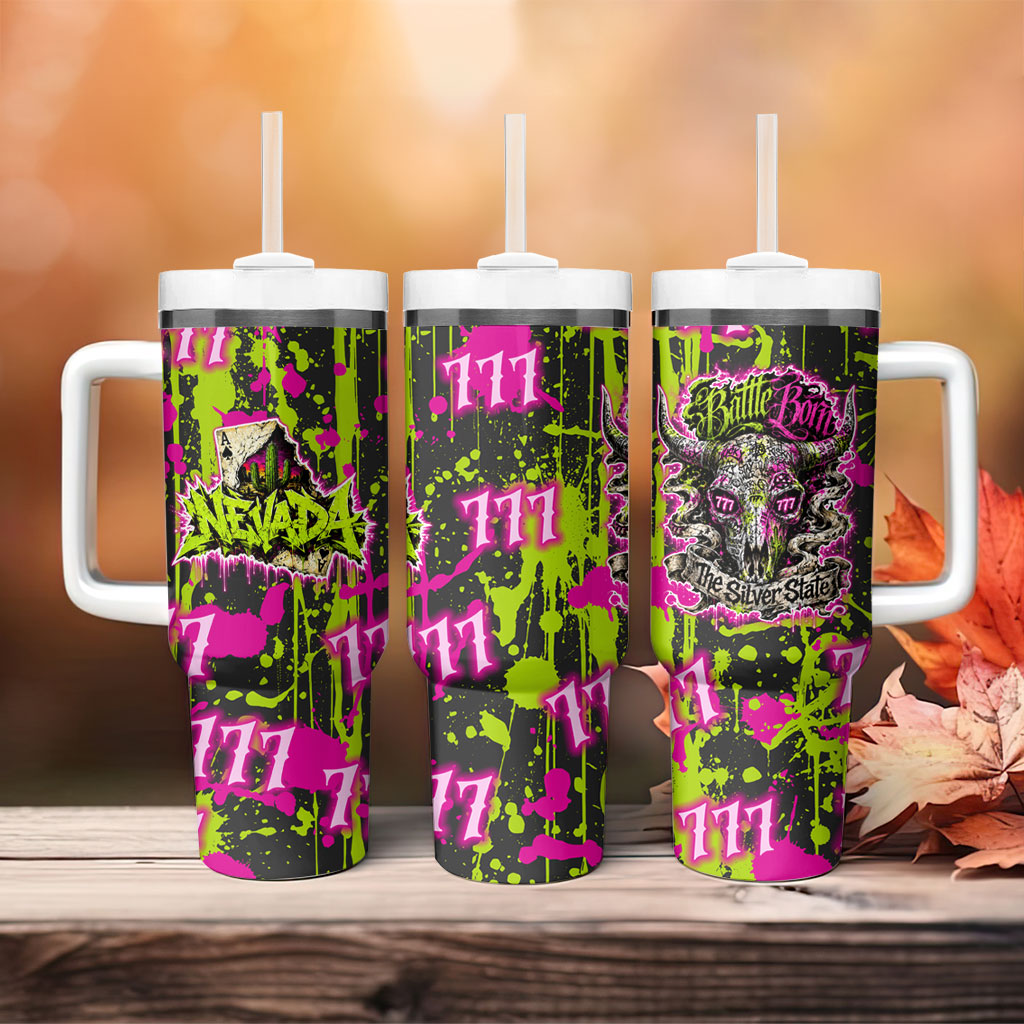 Nevada Battle Born The Silver State 777 Tumbler With Handle Vibrant Lime Pink Splatter Punk Rock Bull Skull Art