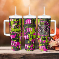 Nevada Battle Born The Silver State 777 Tumbler With Handle Vibrant Lime Pink Splatter Punk Rock Bull Skull Art