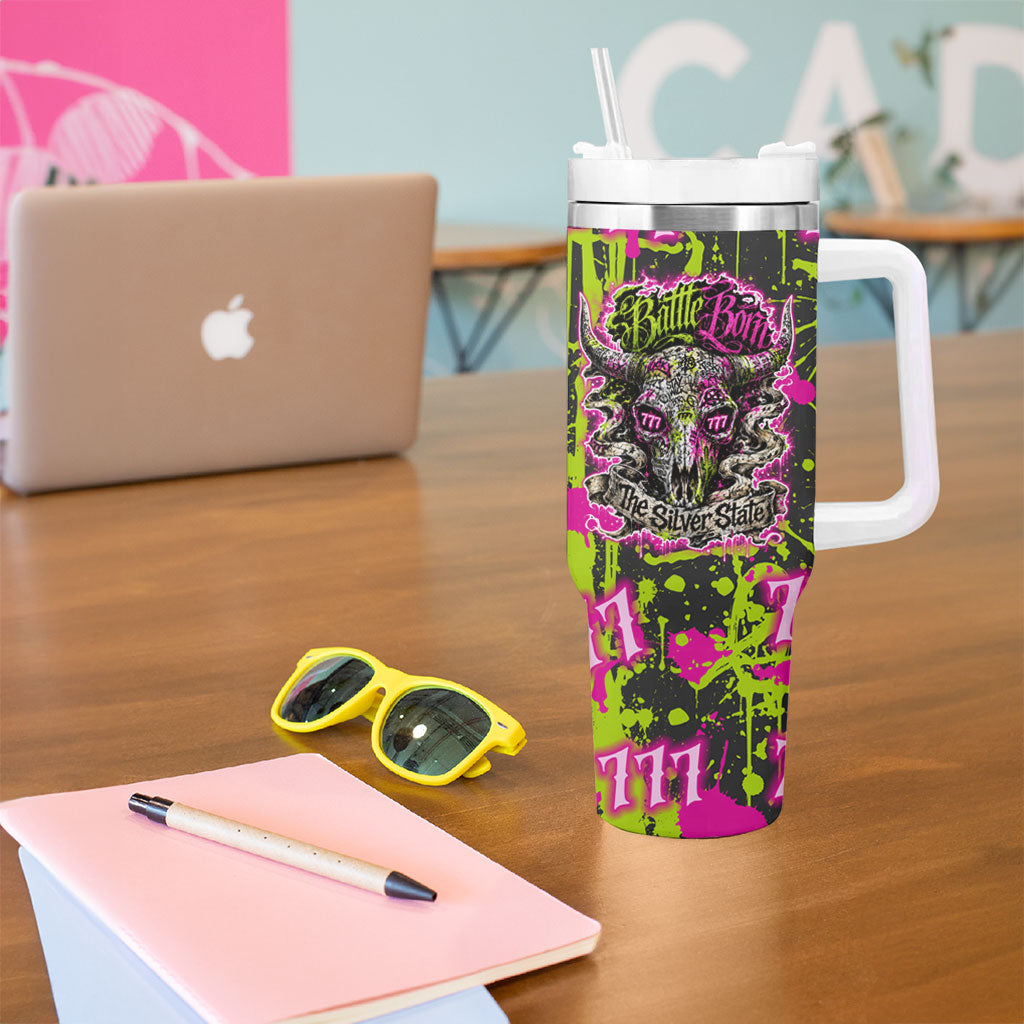 Nevada Battle Born The Silver State 777 Tumbler With Handle Vibrant Lime Pink Splatter Punk Rock Bull Skull Art
