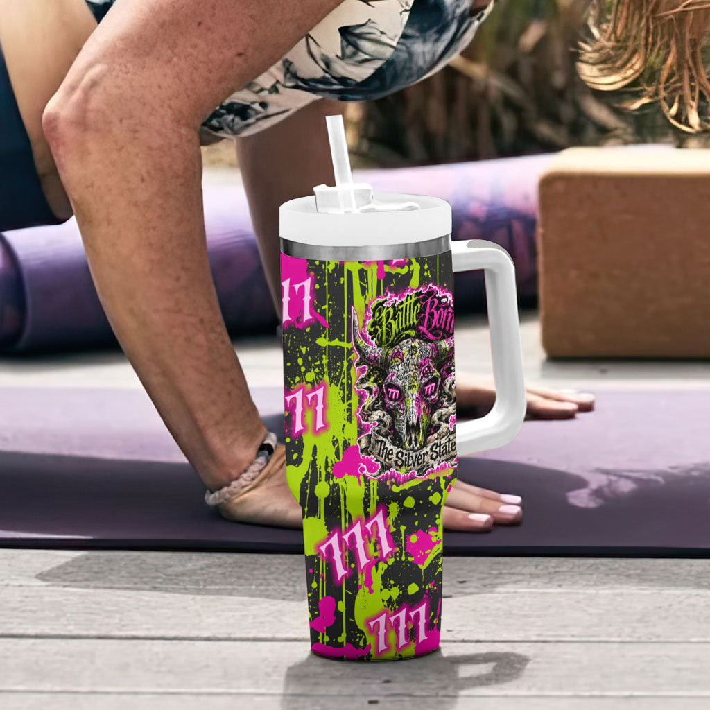 Nevada Battle Born The Silver State 777 Tumbler With Handle Vibrant Lime Pink Splatter Punk Rock Bull Skull Art