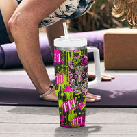 Nevada Battle Born The Silver State 777 Tumbler With Handle Vibrant Lime Pink Splatter Punk Rock Bull Skull Art