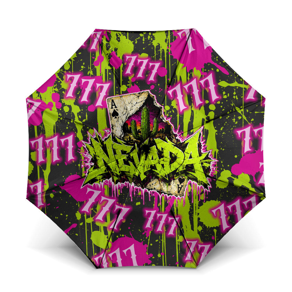 Nevada Battle Born The Silver State 777 Umbrella Vibrant Lime Pink Splatter Punk Rock Bull Skull Art