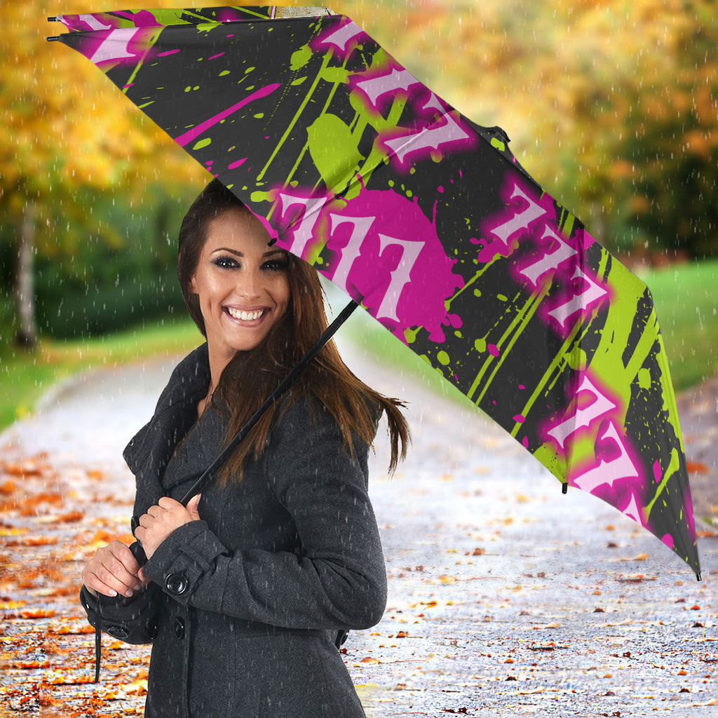 Nevada Battle Born The Silver State 777 Umbrella Vibrant Lime Pink Splatter Punk Rock Bull Skull Art
