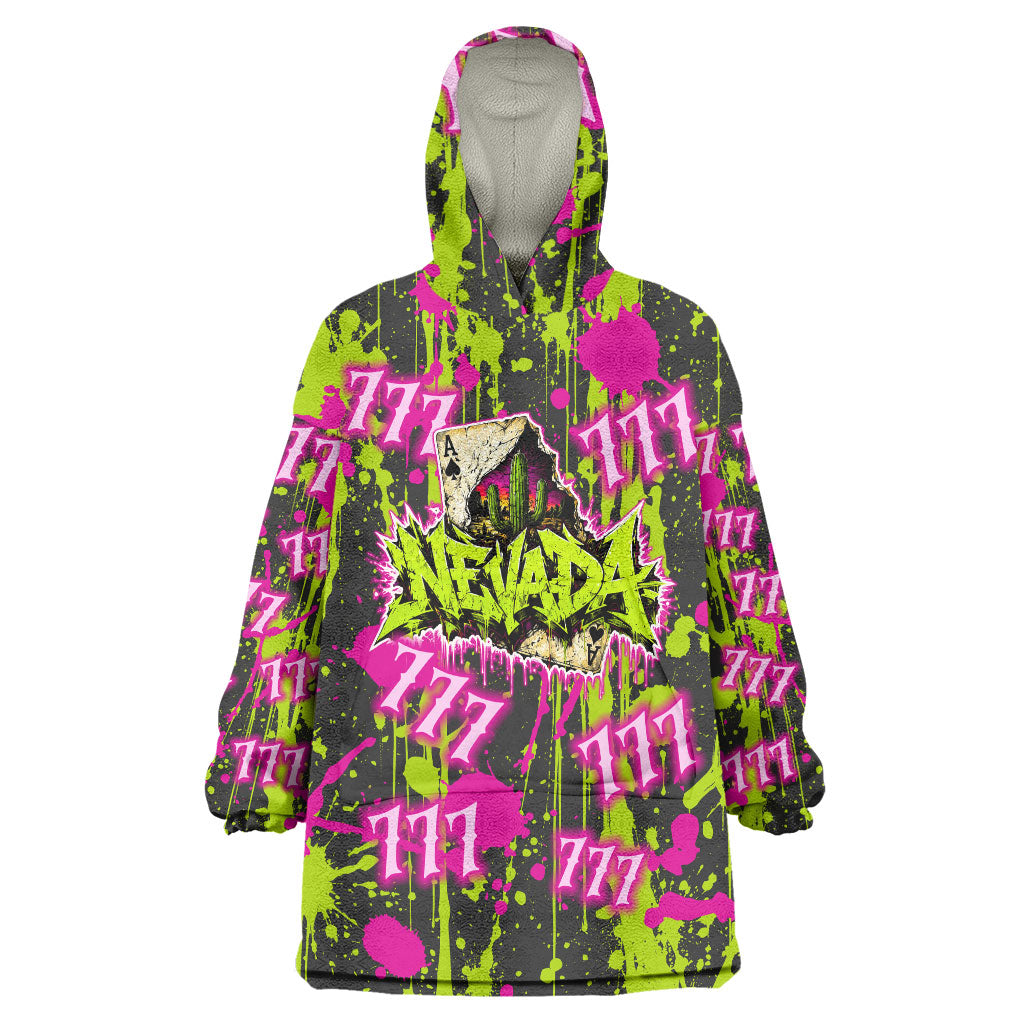 Nevada Battle Born The Silver State 777 Wearable Blanket Hoodie Vibrant Lime Pink Splatter Punk Rock Bull Skull Art