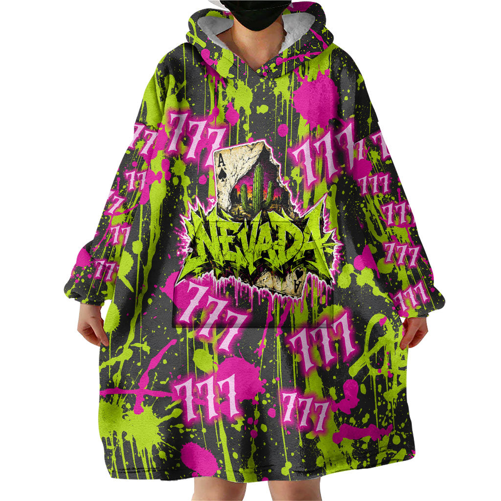 Nevada Battle Born The Silver State 777 Wearable Blanket Hoodie Vibrant Lime Pink Splatter Punk Rock Bull Skull Art