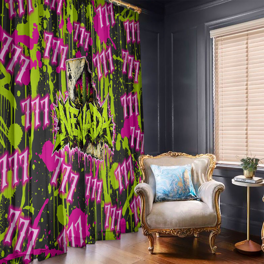 Nevada Battle Born The Silver State 777 Window Curtain Vibrant Lime Pink Splatter Punk Rock Bull Skull Art