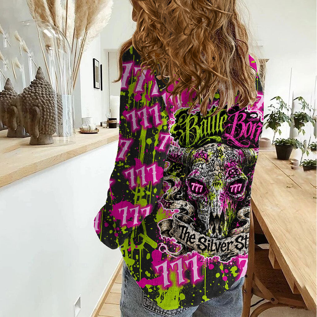 Nevada Battle Born The Silver State 777 Women Casual Shirt Vibrant Lime Pink Splatter Punk Rock Bull Skull Art