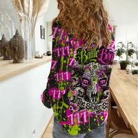Nevada Battle Born The Silver State 777 Women Casual Shirt Vibrant Lime Pink Splatter Punk Rock Bull Skull Art