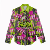 Nevada Battle Born The Silver State 777 Women Casual Shirt Vibrant Lime Pink Splatter Punk Rock Bull Skull Art