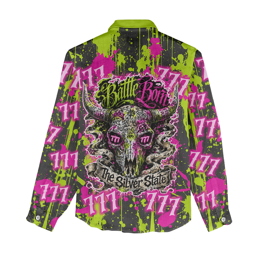 Nevada Battle Born The Silver State 777 Women Casual Shirt Vibrant Lime Pink Splatter Punk Rock Bull Skull Art