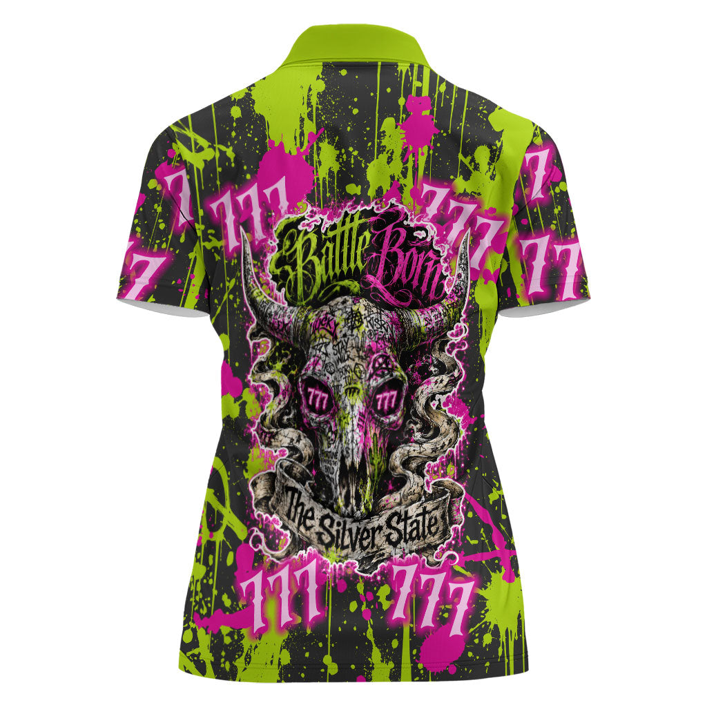 Nevada Battle Born The Silver State 777 Women Polo Shirt Vibrant Lime Pink Splatter Punk Rock Bull Skull Art