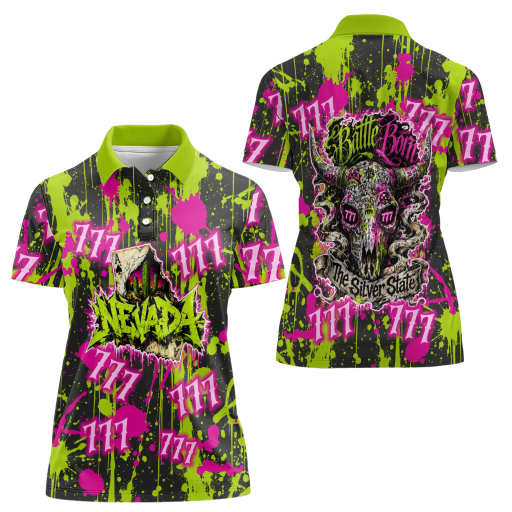 Nevada Battle Born The Silver State 777 Women Polo Shirt Vibrant Lime Pink Splatter Punk Rock Bull Skull Art
