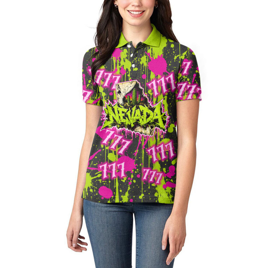 Nevada Battle Born The Silver State 777 Women Polo Shirt Vibrant Lime Pink Splatter Punk Rock Bull Skull Art