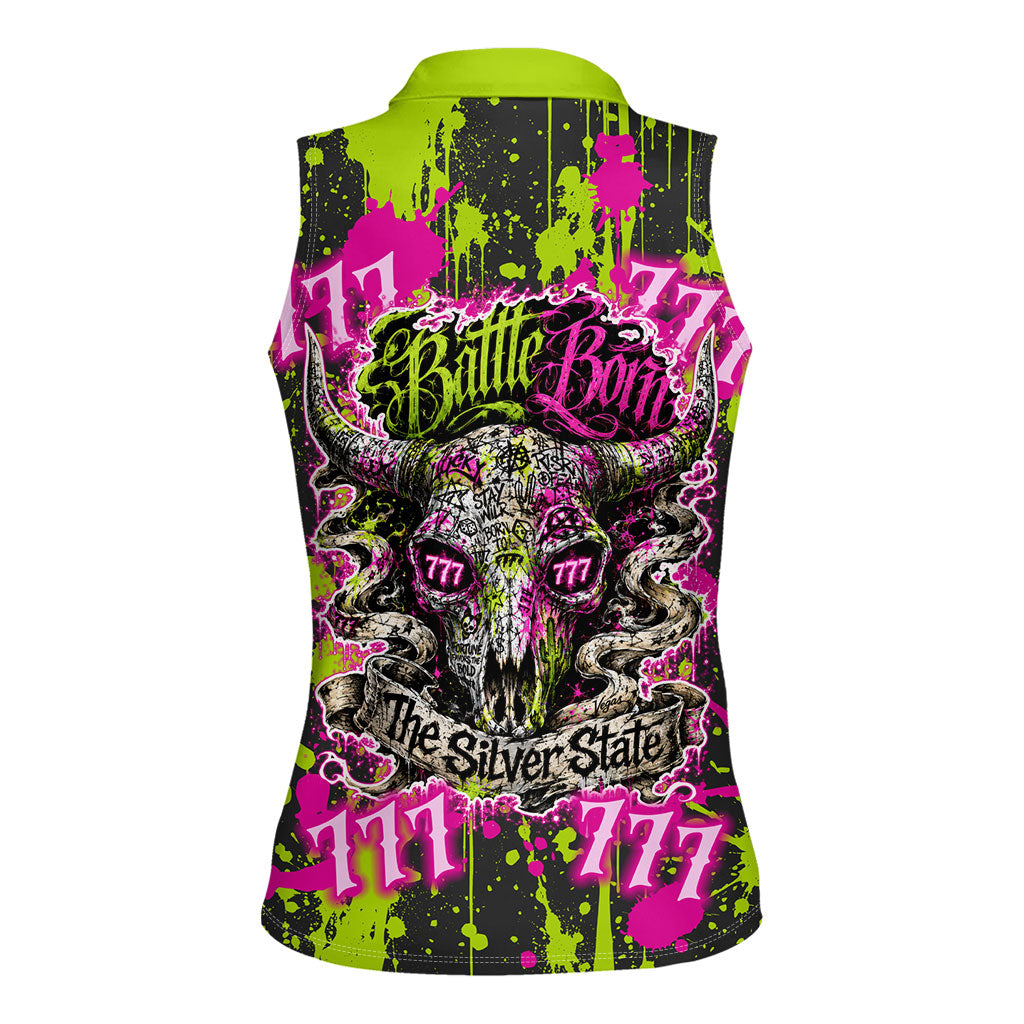 Nevada Battle Born The Silver State 777 Women Sleeveless Polo Shirt Vibrant Lime Pink Splatter Punk Rock Bull Skull Art