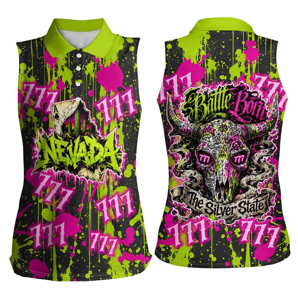 Nevada Battle Born The Silver State 777 Women Sleeveless Polo Shirt Vibrant Lime Pink Splatter Punk Rock Bull Skull Art