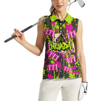 Nevada Battle Born The Silver State 777 Women Sleeveless Polo Shirt Vibrant Lime Pink Splatter Punk Rock Bull Skull Art
