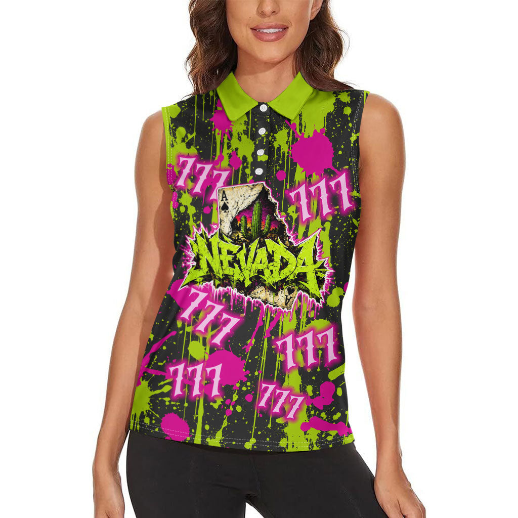 Nevada Battle Born The Silver State 777 Women Sleeveless Polo Shirt Vibrant Lime Pink Splatter Punk Rock Bull Skull Art
