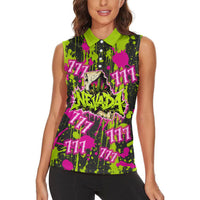Nevada Battle Born The Silver State 777 Women Sleeveless Polo Shirt Vibrant Lime Pink Splatter Punk Rock Bull Skull Art