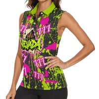 Nevada Battle Born The Silver State 777 Women Sleeveless Polo Shirt Vibrant Lime Pink Splatter Punk Rock Bull Skull Art