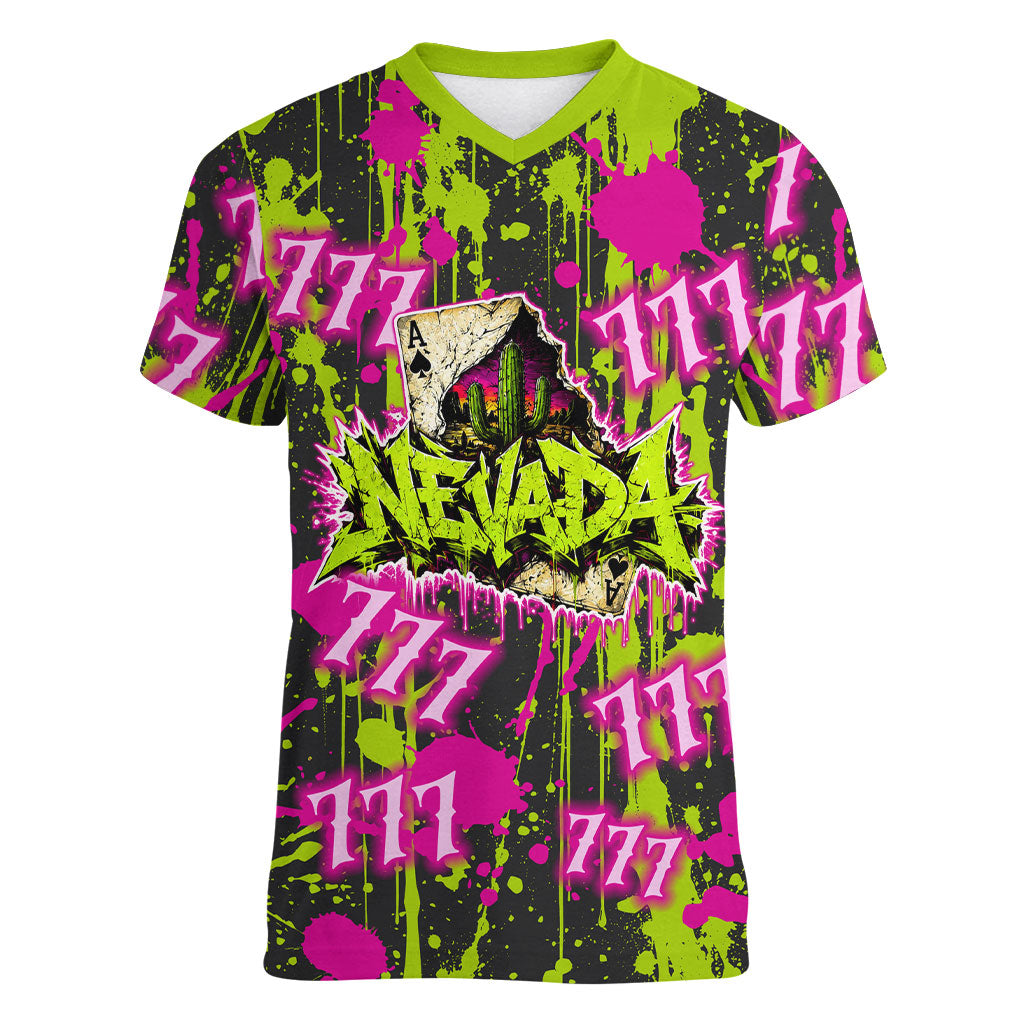 Nevada Battle Born The Silver State 777 Women V-Neck T-Shirt Vibrant Lime Pink Splatter Punk Rock Bull Skull Art