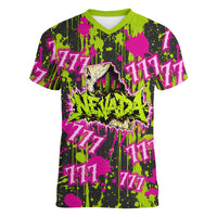 Nevada Battle Born The Silver State 777 Women V-Neck T-Shirt Vibrant Lime Pink Splatter Punk Rock Bull Skull Art