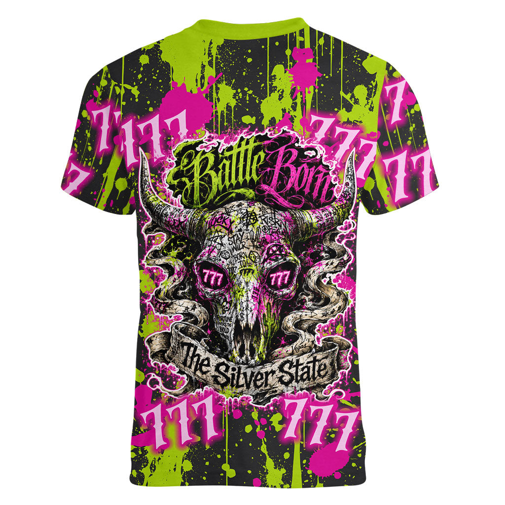 Nevada Battle Born The Silver State 777 Women V-Neck T-Shirt Vibrant Lime Pink Splatter Punk Rock Bull Skull Art