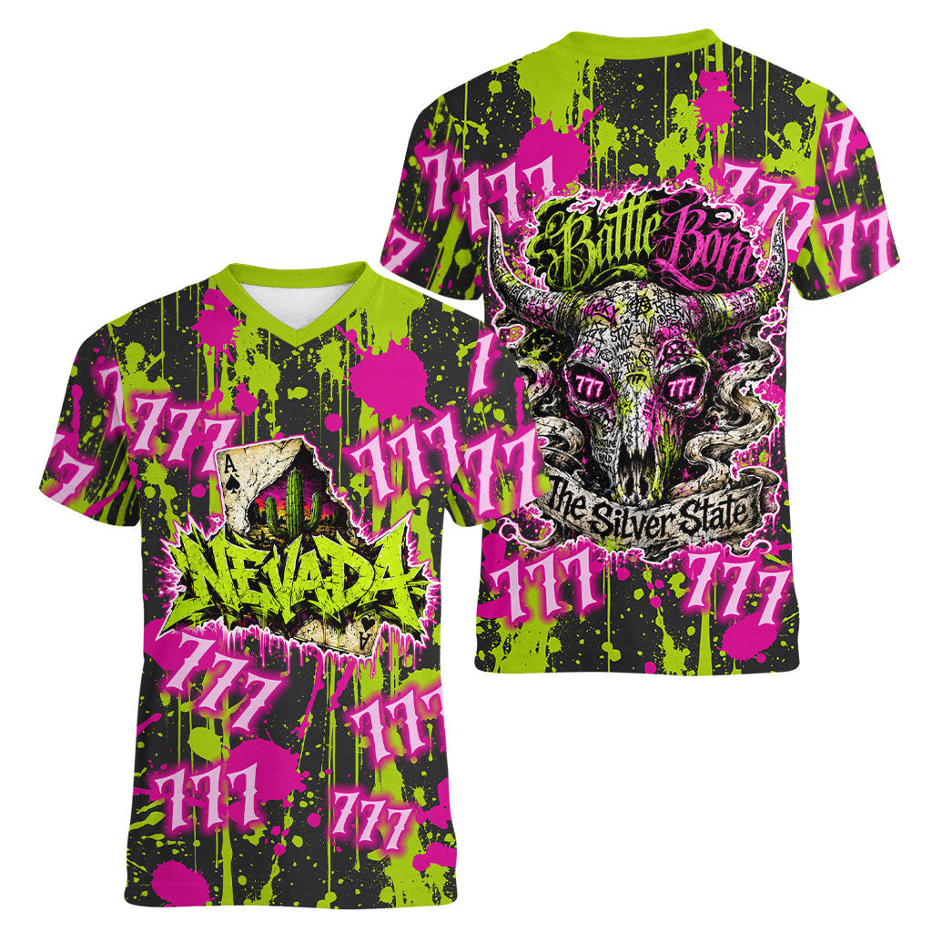 Nevada Battle Born The Silver State 777 Women V-Neck T-Shirt Vibrant Lime Pink Splatter Punk Rock Bull Skull Art