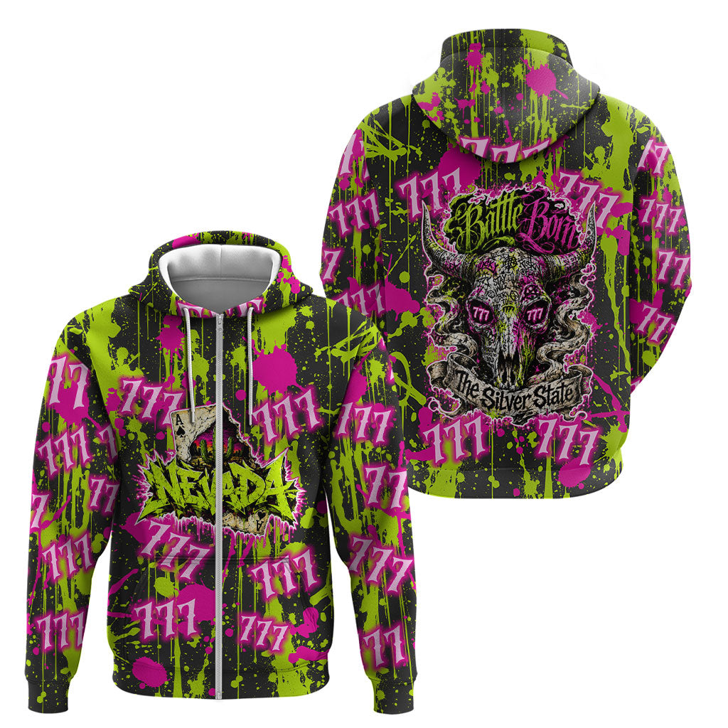 Nevada Battle Born The Silver State 777 Zip Hoodie Vibrant Lime Pink Splatter Punk Rock Bull Skull Art