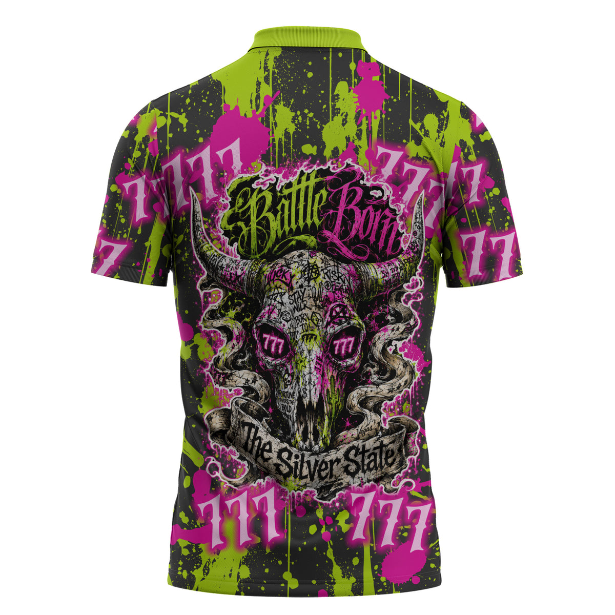 Nevada Battle Born The Silver State 777 Zipper Polo Shirt Vibrant Lime Pink Splatter Punk Rock Bull Skull Art