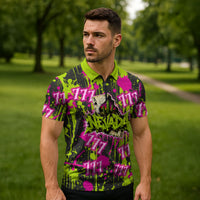 Nevada Battle Born The Silver State 777 Zipper Polo Shirt Vibrant Lime Pink Splatter Punk Rock Bull Skull Art
