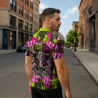 Nevada Battle Born The Silver State 777 Zipper Polo Shirt Vibrant Lime Pink Splatter Punk Rock Bull Skull Art