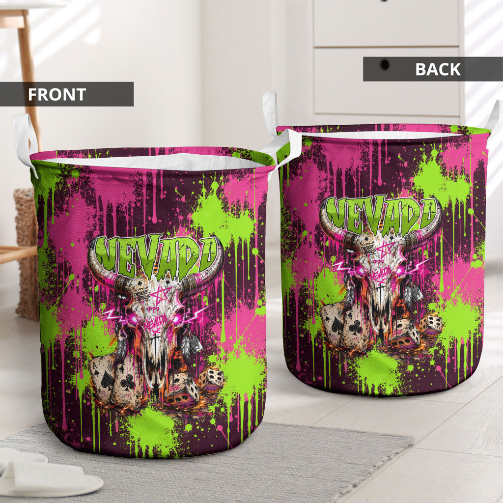 Nevada Area 51 Bull Skull Alien UFO Laundry Basket Vibrant Pink Lime Paint Drip Graffiti Street Art Style