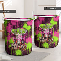Nevada Area 51 Bull Skull Alien UFO Laundry Basket Vibrant Pink Lime Paint Drip Graffiti Street Art Style