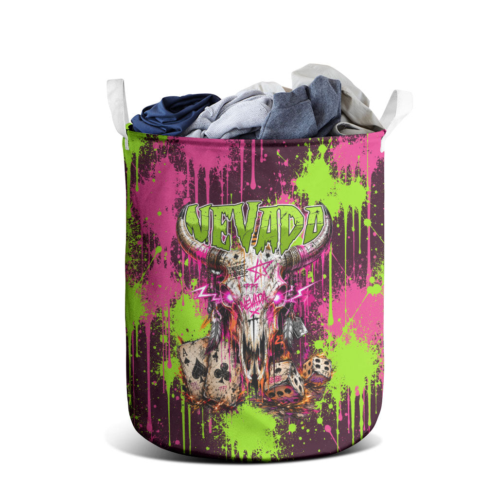 Nevada Area 51 Bull Skull Alien UFO Laundry Basket Vibrant Pink Lime Paint Drip Graffiti Street Art Style