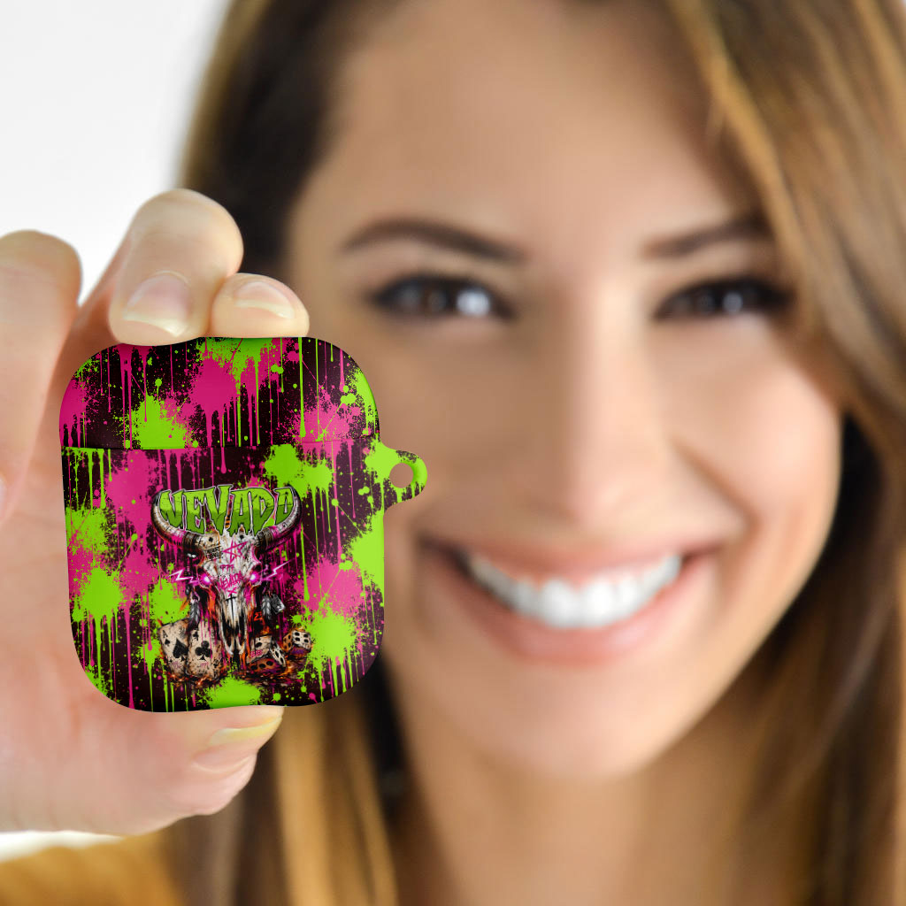Nevada Area 51 Bull Skull Alien UFO AirPods Case Vibrant Pink Lime Paint Drip Graffiti Street Art Style