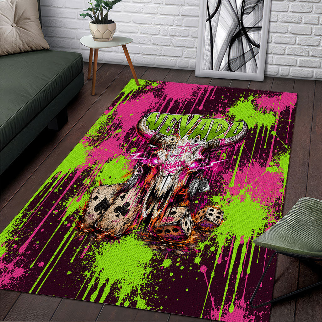 Nevada Area 51 Bull Skull Alien UFO Area Rug Vibrant Pink Lime Paint Drip Graffiti Street Art Style