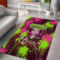 Nevada Area 51 Bull Skull Alien UFO Area Rug Vibrant Pink Lime Paint Drip Graffiti Street Art Style