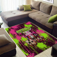 Nevada Area 51 Bull Skull Alien UFO Area Rug Vibrant Pink Lime Paint Drip Graffiti Street Art Style