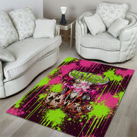 Nevada Area 51 Bull Skull Alien UFO Area Rug Vibrant Pink Lime Paint Drip Graffiti Street Art Style