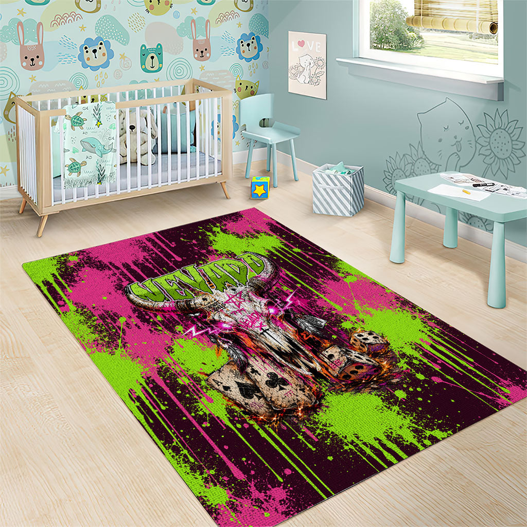 Nevada Area 51 Bull Skull Alien UFO Area Rug Vibrant Pink Lime Paint Drip Graffiti Street Art Style