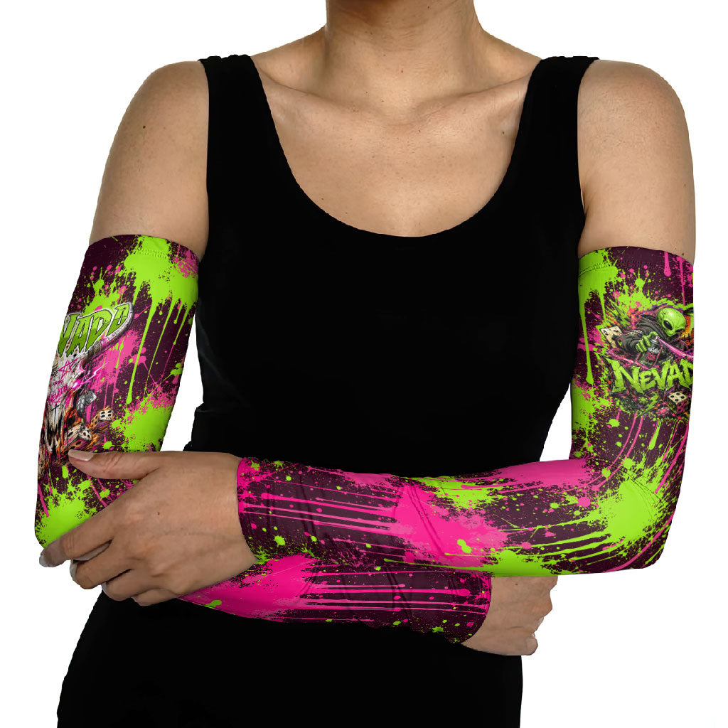 Nevada Area 51 Bull Skull Alien UFO Arm Sleeves Vibrant Pink Lime Paint Drip Graffiti Street Art Style