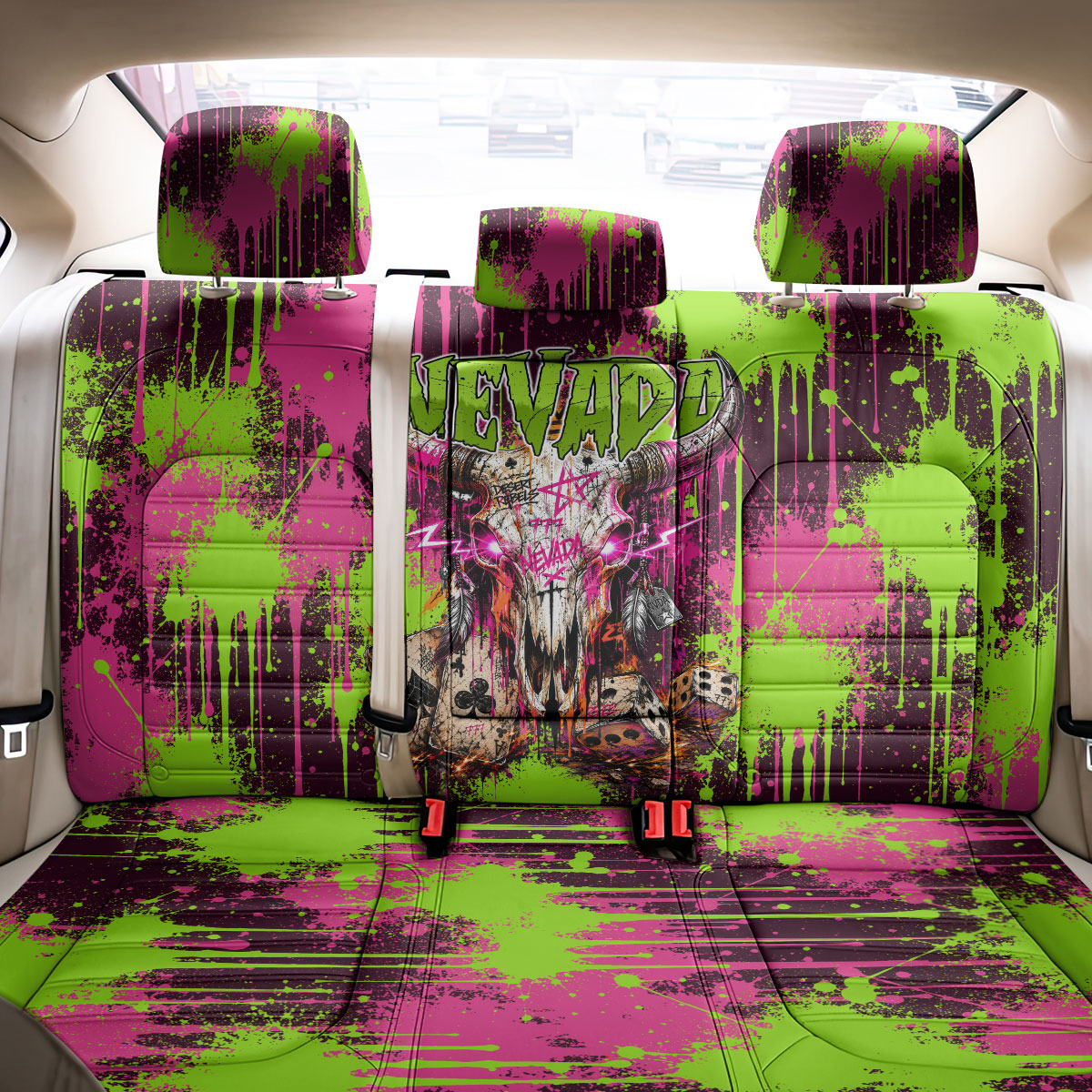 Nevada Area 51 Bull Skull Alien UFO Back Car Seat Cover Vibrant Pink Lime Paint Drip Graffiti Street Art Style